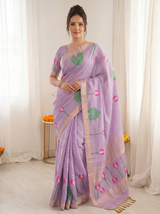 Lavender Premium Soft Linen Cotton Saree with Meenakari Lotus Pallu