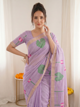 Lavender Premium Soft Linen Cotton Saree with Meenakari Lotus Pallu