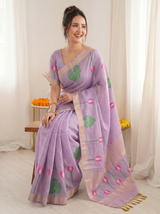 Lavender Premium Soft Linen Cotton Saree with Meenakari Lotus Pallu