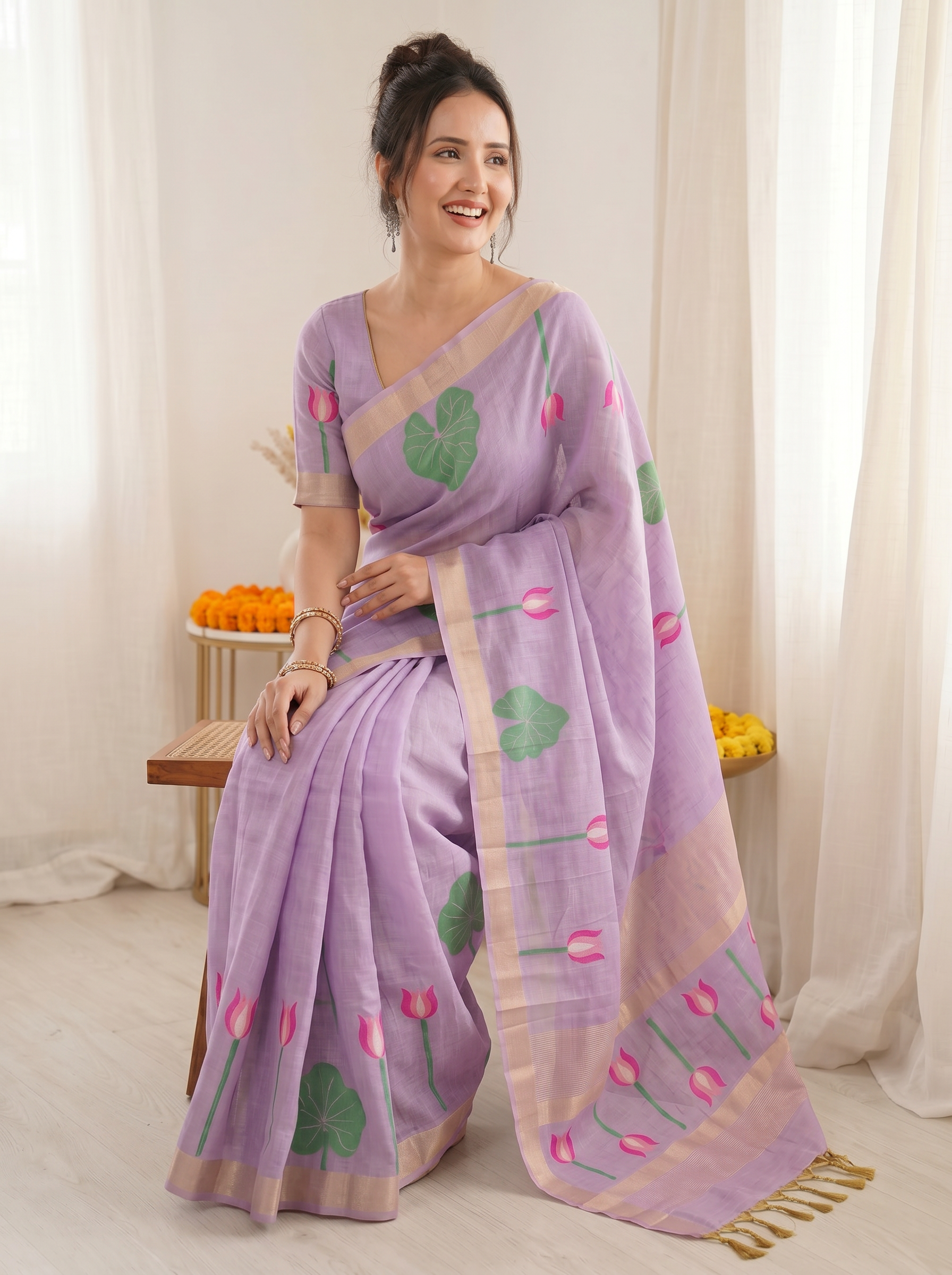 Lavender Premium Soft Linen Cotton Saree with Meenakari Lotus Pallu