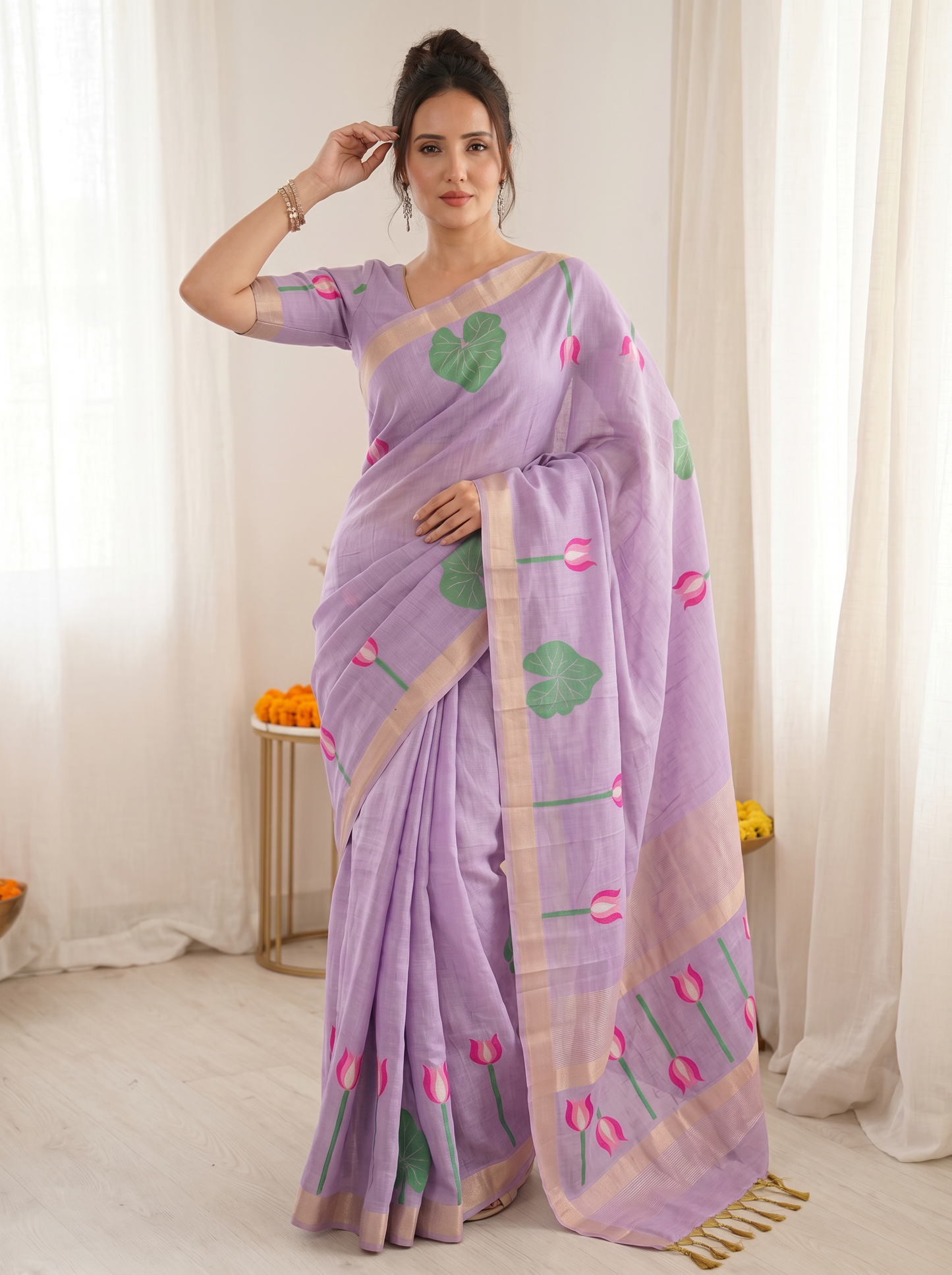 Lavender Premium Soft Linen Cotton Saree with Meenakari Lotus Pallu