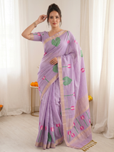 Lavender Premium Soft Linen Cotton Saree with Meenakari Lotus Pallu