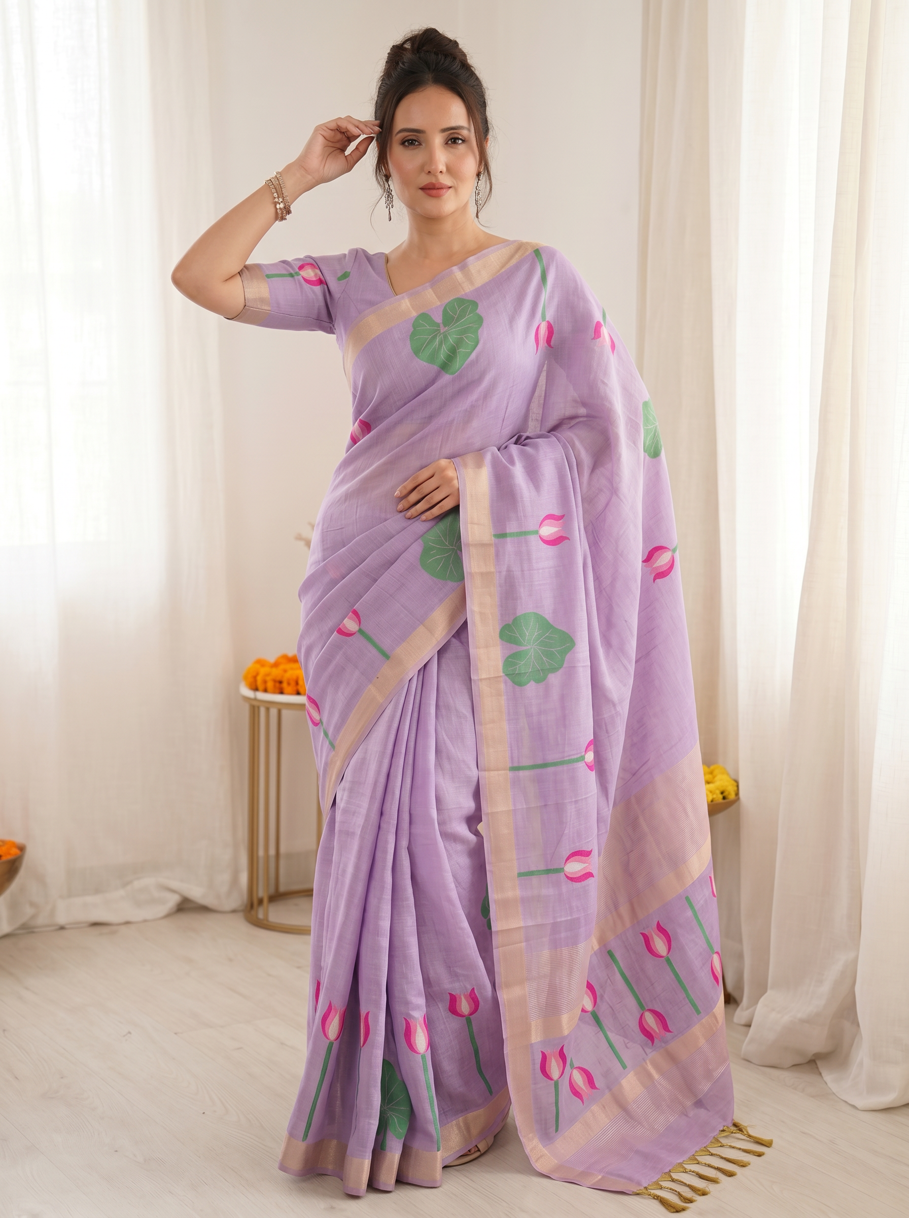 Lavender Premium Soft Linen Cotton Saree with Meenakari Lotus Pallu