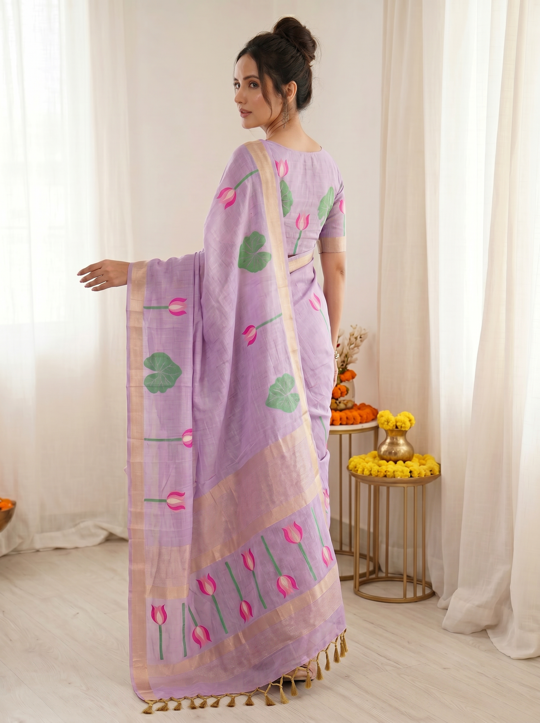 Lavender Premium Soft Linen Cotton Saree with Meenakari Lotus Pallu