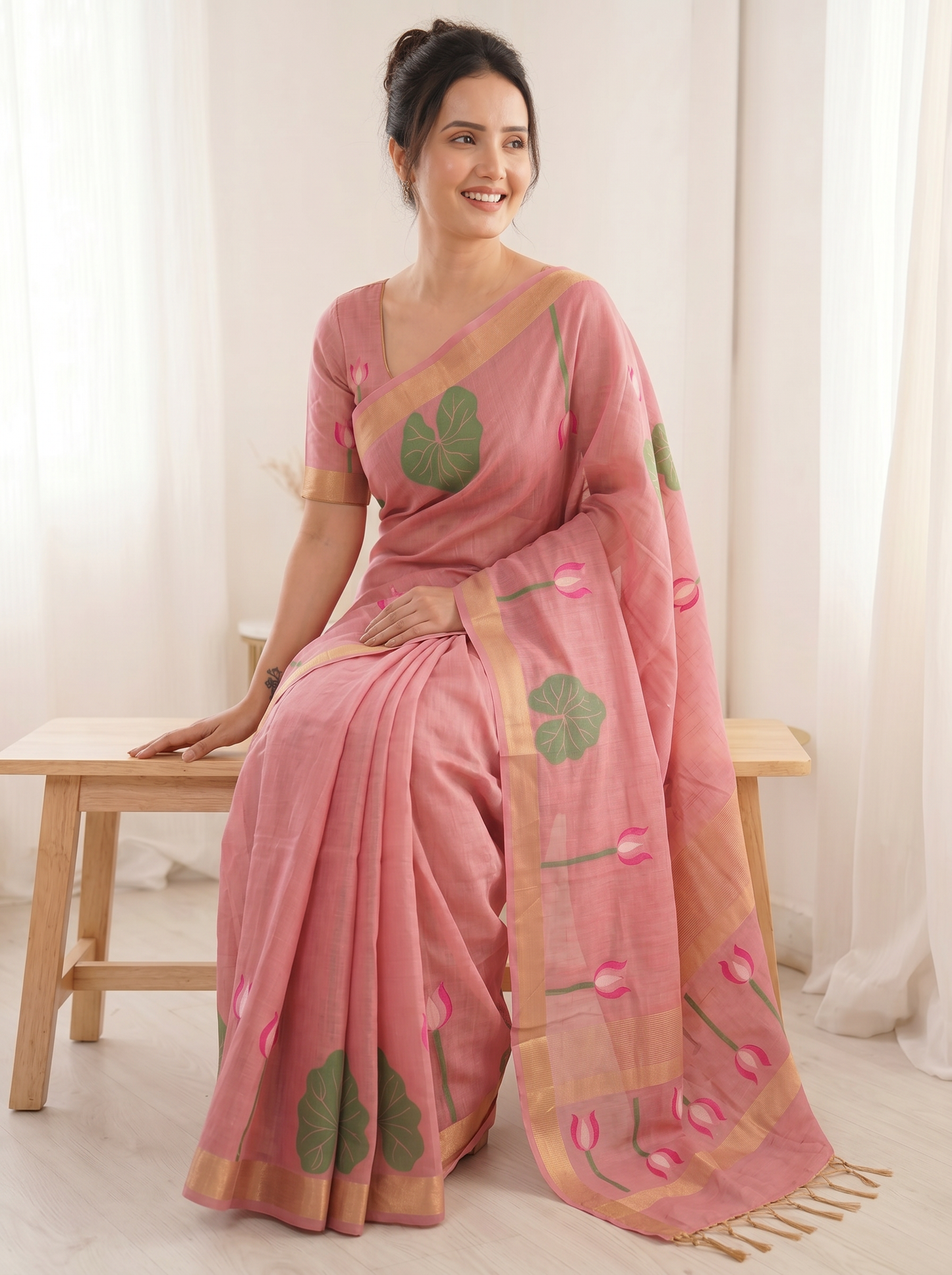 Pink Premium Soft Linen Cotton Saree with Meenakari Lotus Pallu
