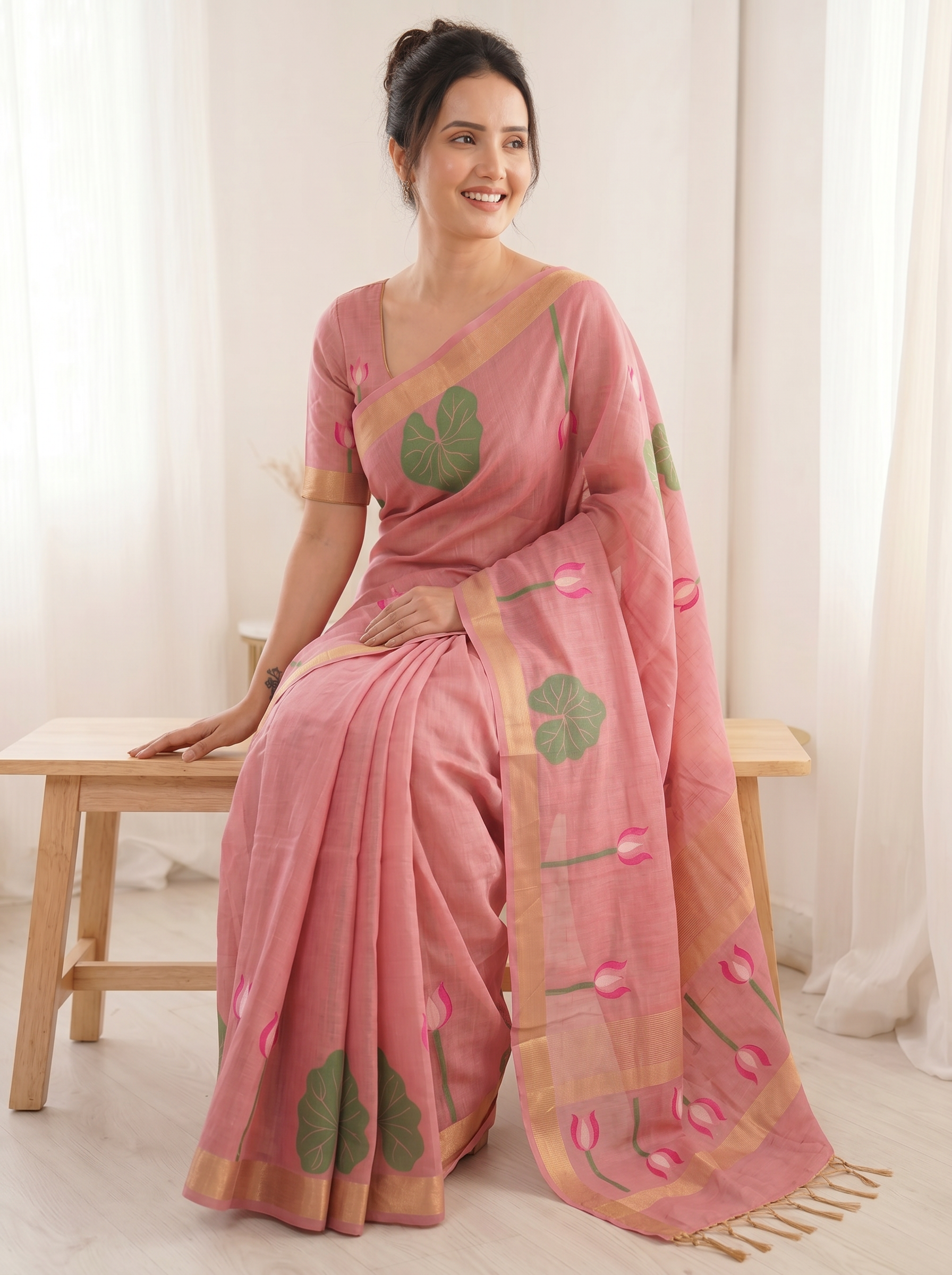 Pink Premium Soft Linen Cotton Saree with Meenakari Lotus Pallu