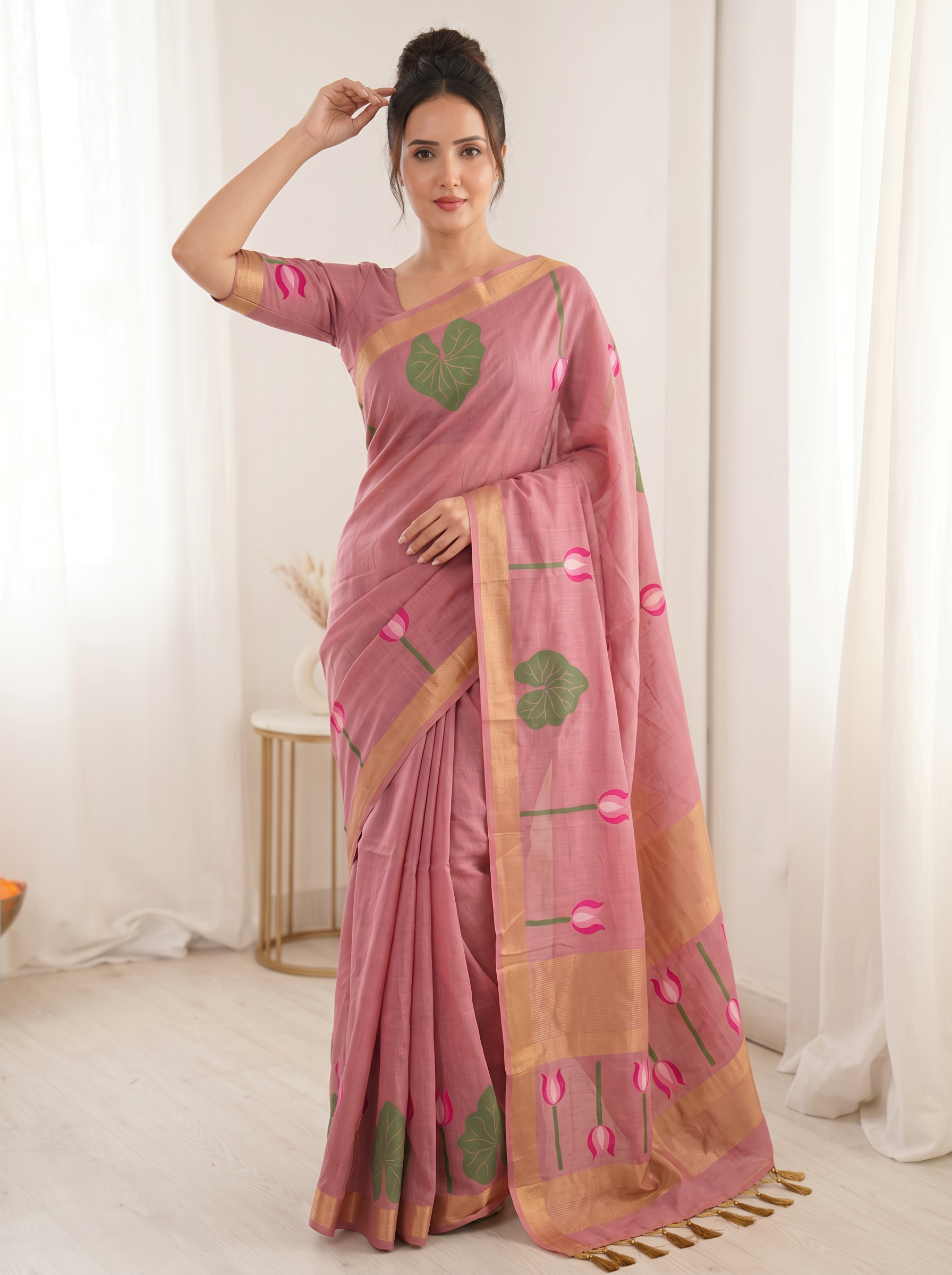 Pink Premium Soft Linen Cotton Saree with Meenakari Lotus Pallu