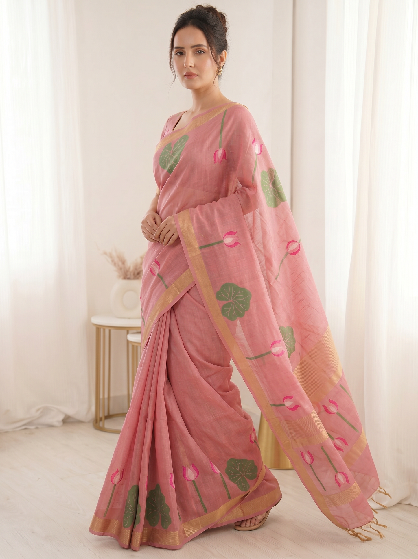 Pink Premium Soft Linen Cotton Saree with Meenakari Lotus Pallu