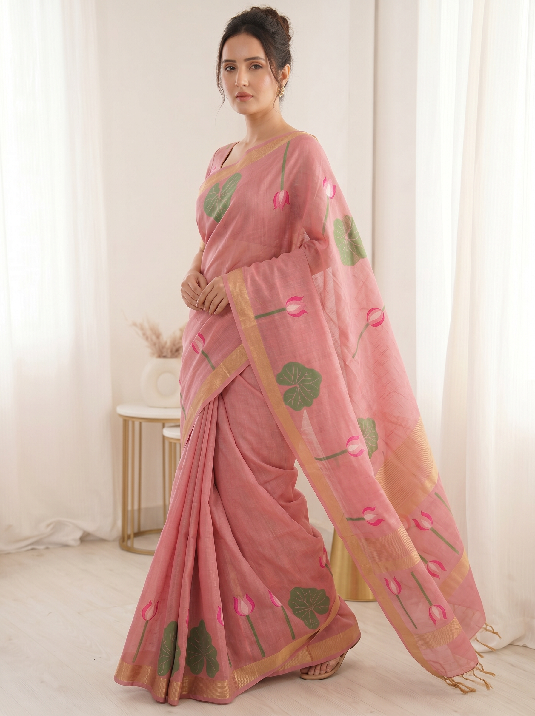 Pink Premium Soft Linen Cotton Saree with Meenakari Lotus Pallu