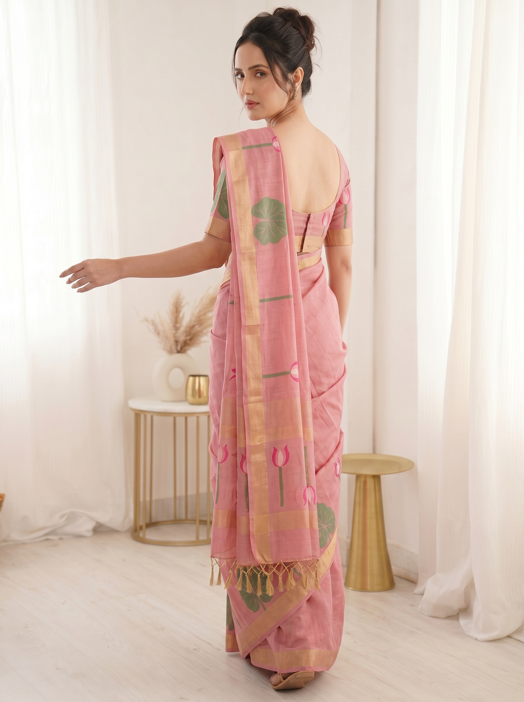Pink Premium Soft Linen Cotton Saree with Meenakari Lotus Pallu