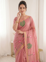 Pink Premium Soft Linen Cotton Saree with Meenakari Lotus Pallu
