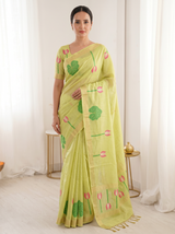 Pista Premium Soft Linen Cotton Saree with Meenakari Lotus Pallu