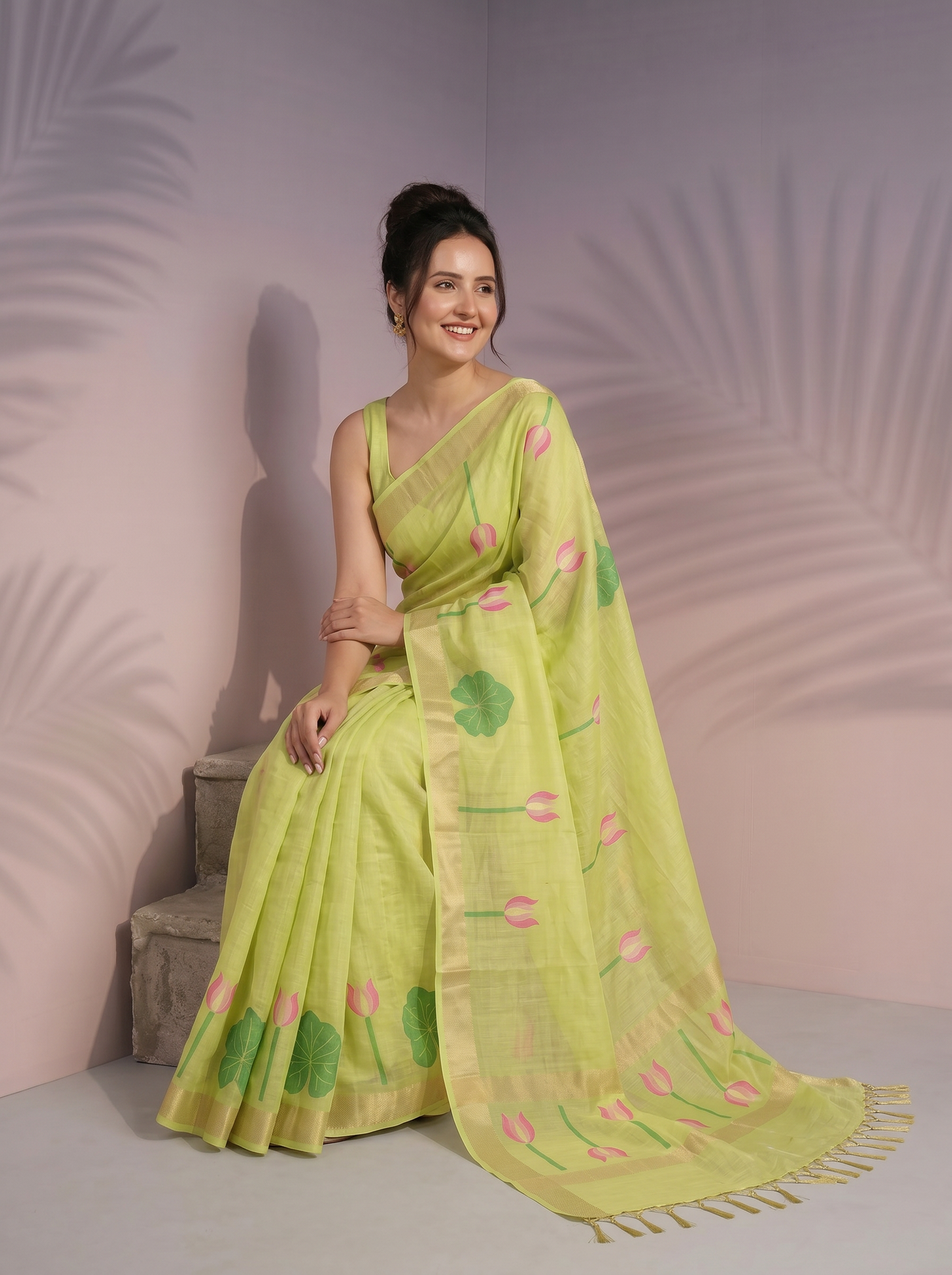 Pista Premium Soft Linen Cotton Saree with Meenakari Lotus Pallu