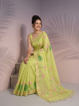 Pista Premium Soft Linen Cotton Saree with Meenakari Lotus Pallu