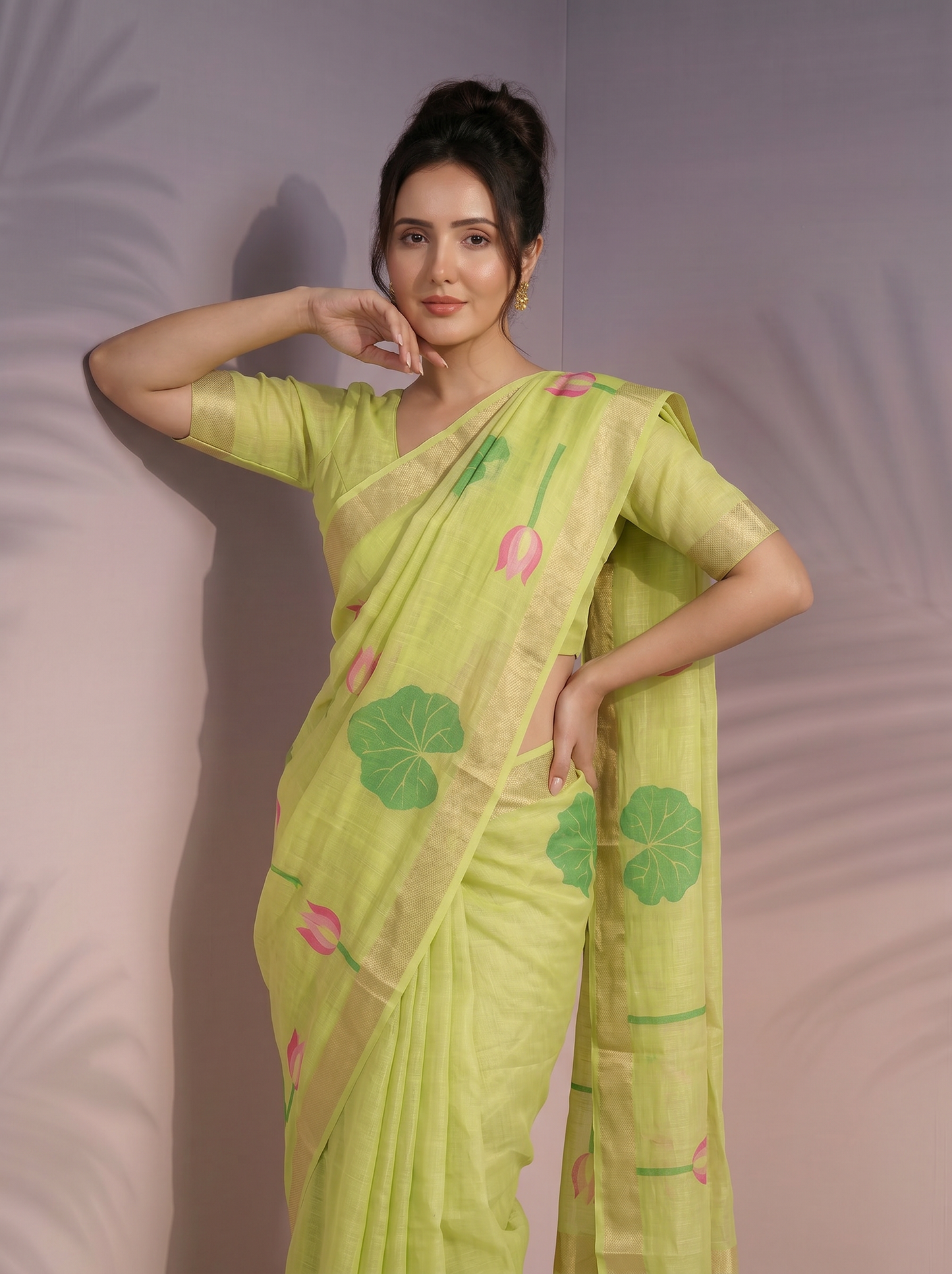 Pista Premium Soft Linen Cotton Saree with Meenakari Lotus Pallu
