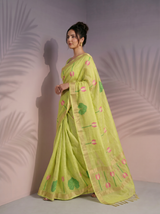 Pista Premium Soft Linen Cotton Saree with Meenakari Lotus Pallu