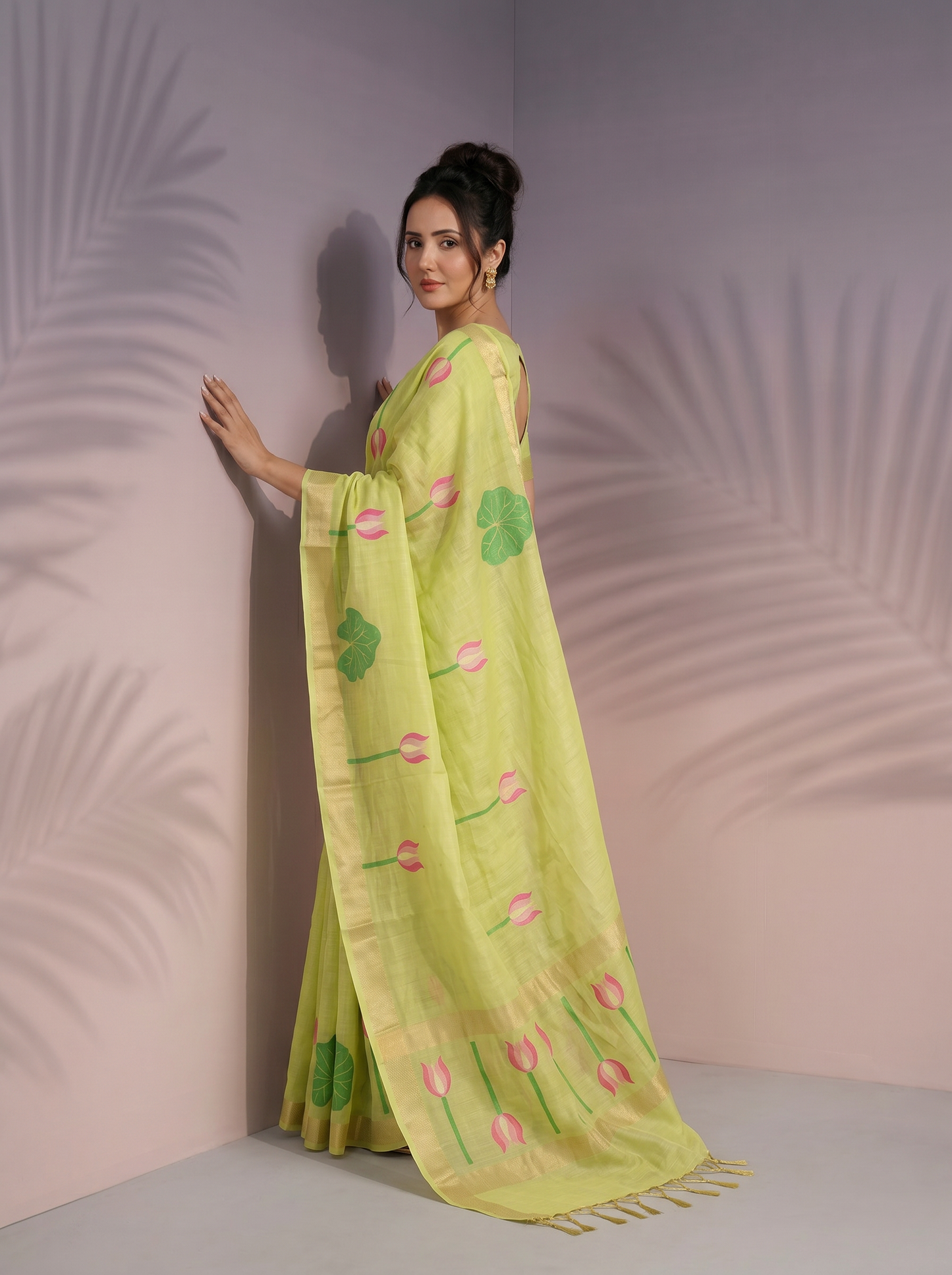 Pista Premium Soft Linen Cotton Saree with Meenakari Lotus Pallu