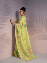 Pista Premium Soft Linen Cotton Saree with Meenakari Lotus Pallu