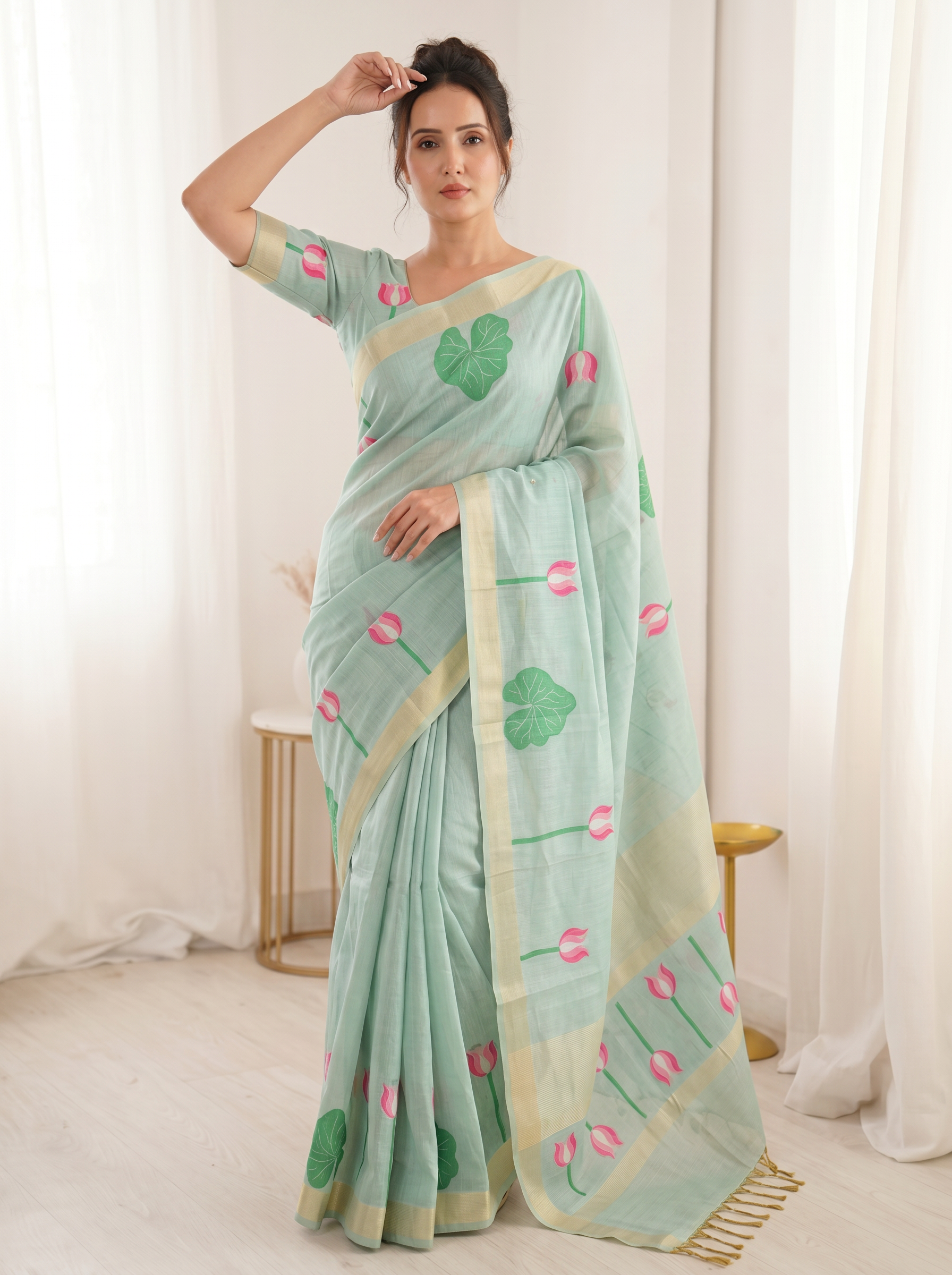 Sky Premium Soft Linen Cotton Saree with Meenakari Lotus Pallu