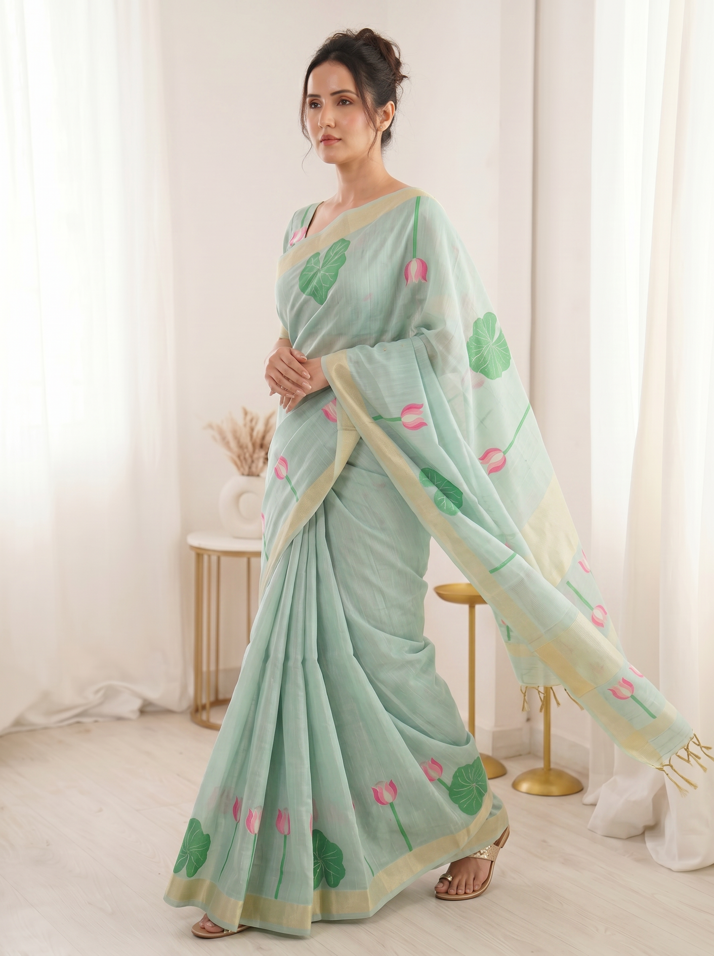 Sky Premium Soft Linen Cotton Saree with Meenakari Lotus Pallu