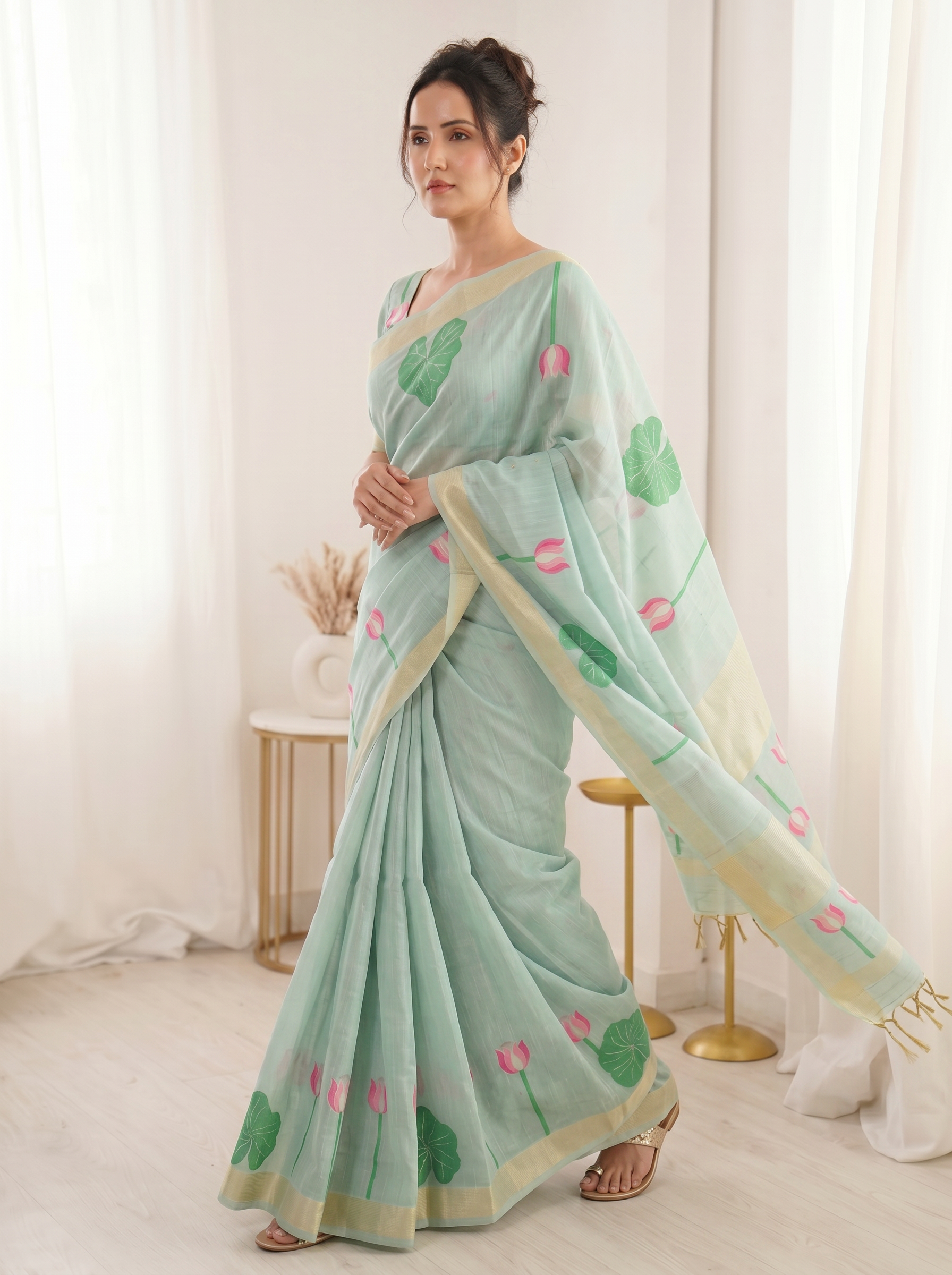 Sky Premium Soft Linen Cotton Saree with Meenakari Lotus Pallu