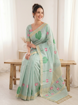 Sky Premium Soft Linen Cotton Saree with Meenakari Lotus Pallu
