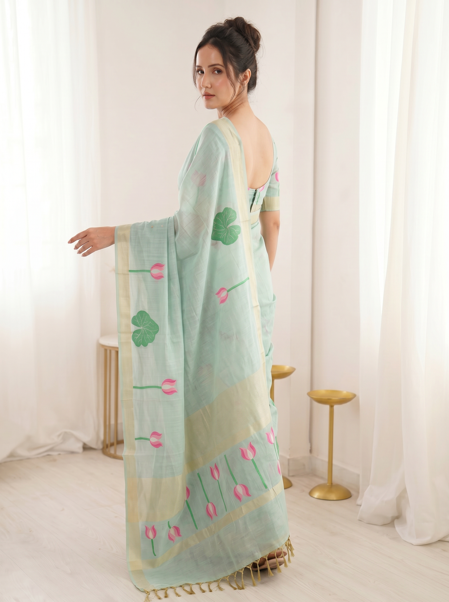Sky Premium Soft Linen Cotton Saree with Meenakari Lotus Pallu