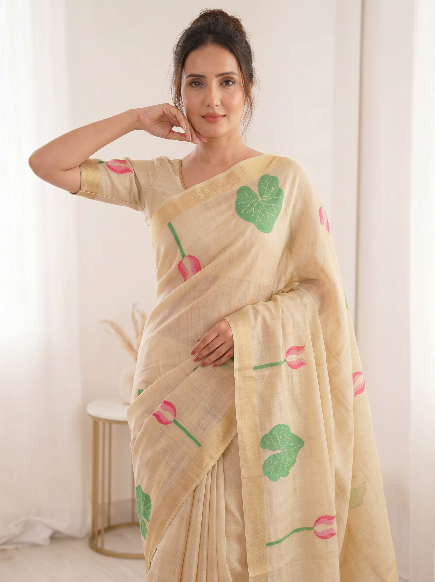White Premium Soft Linen Cotton Saree with Meenakari Lotus Pallu