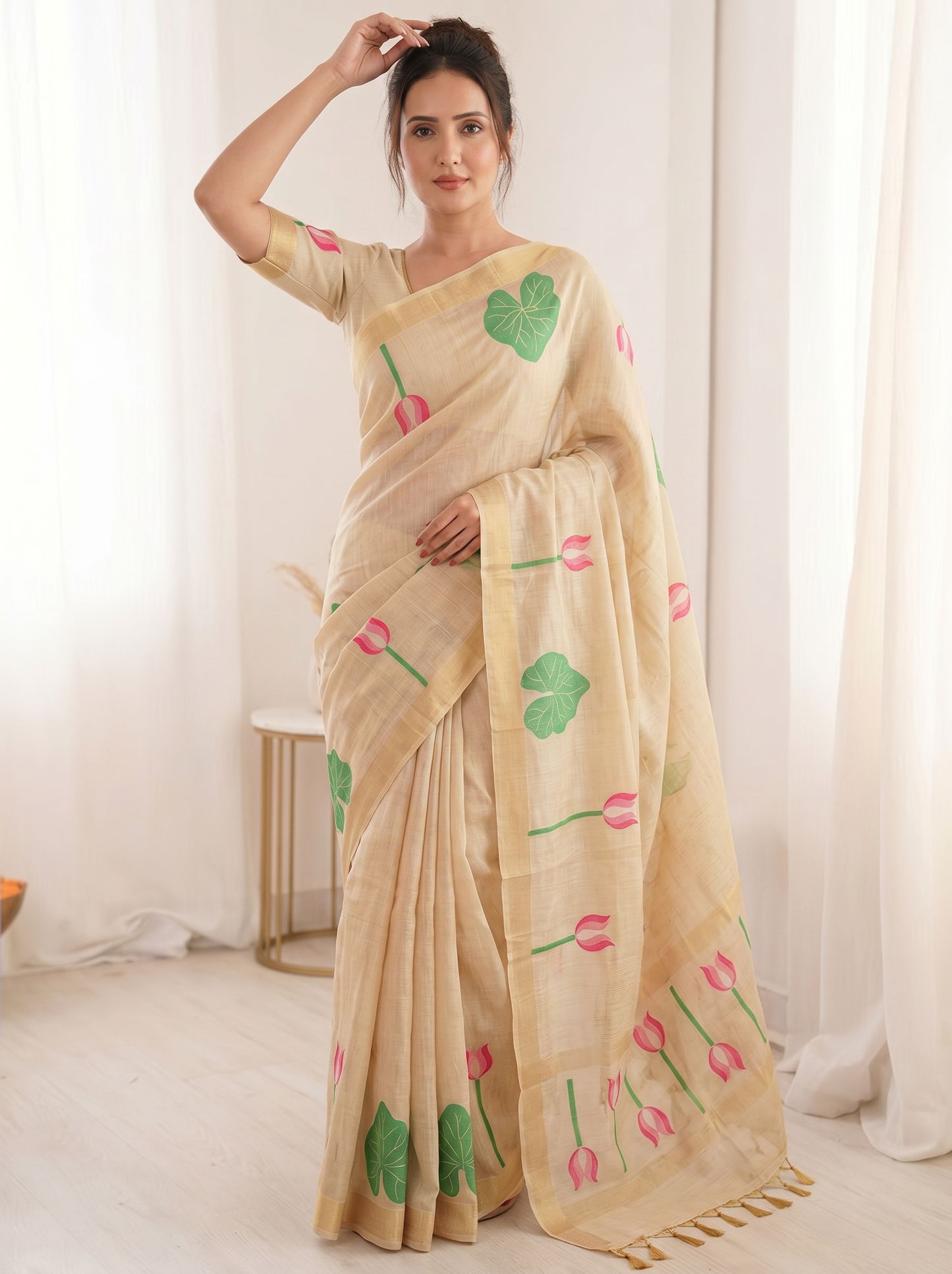 White Premium Soft Linen Cotton Saree with Meenakari Lotus Pallu
