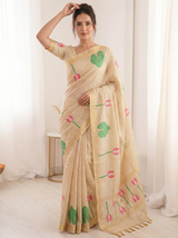 White Premium Soft Linen Cotton Saree with Meenakari Lotus Pallu