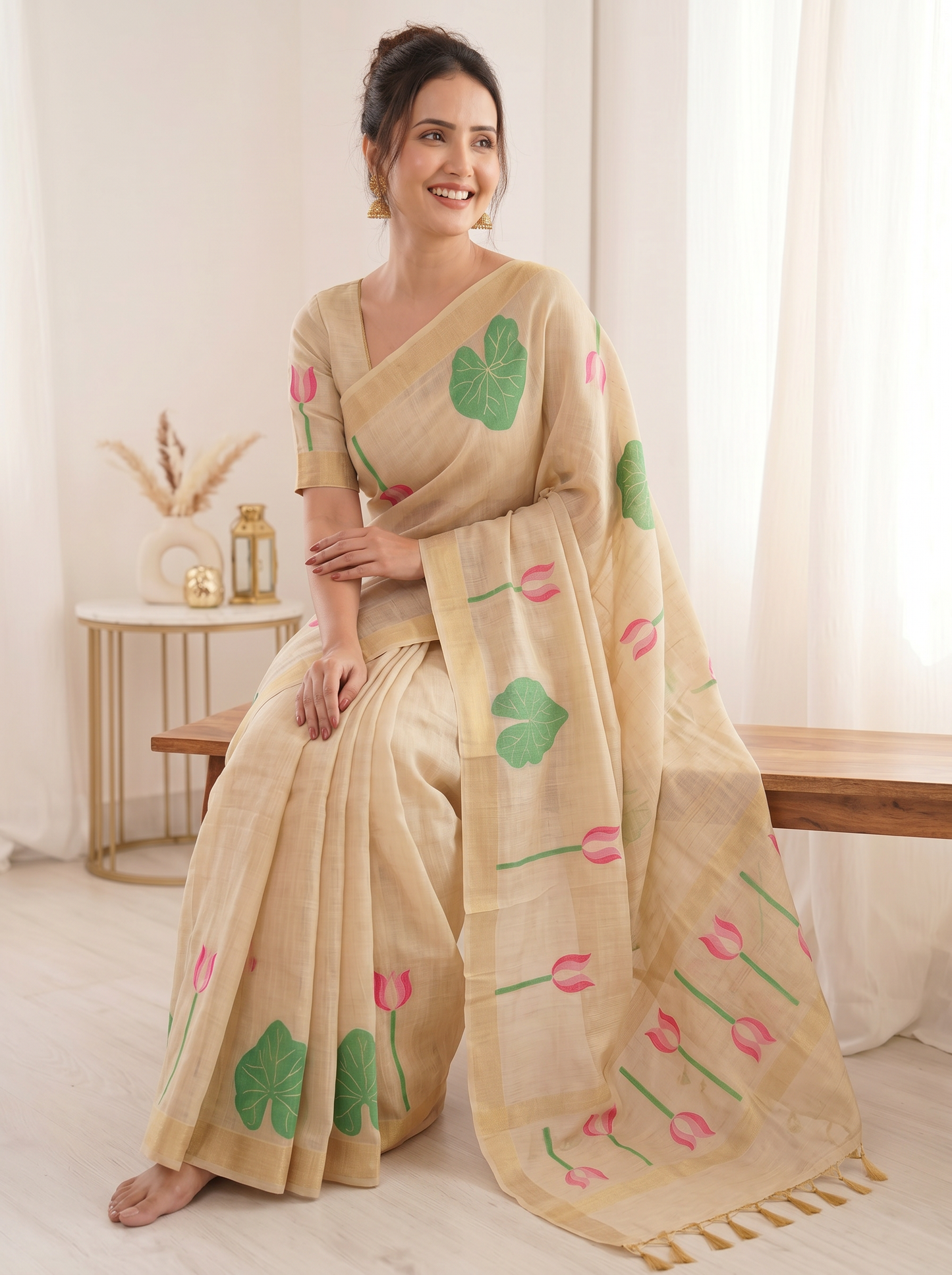 White Premium Soft Linen Cotton Saree with Meenakari Lotus Pallu