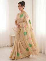 White Premium Soft Linen Cotton Saree with Meenakari Lotus Pallu