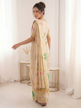 White Premium Soft Linen Cotton Saree with Meenakari Lotus Pallu