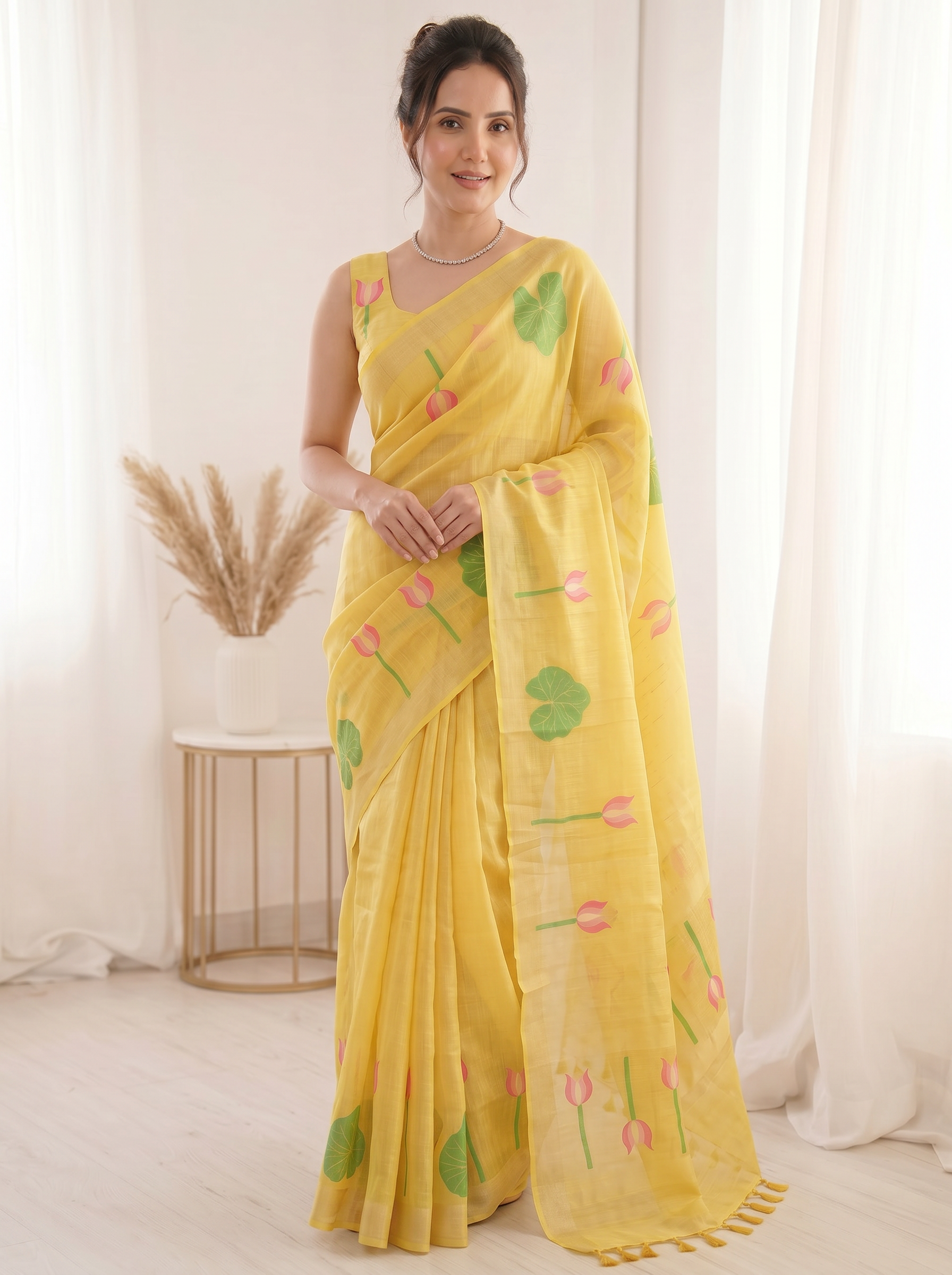 Yellow Premium Soft Linen Cotton Saree with Meenakari Lotus Pallu