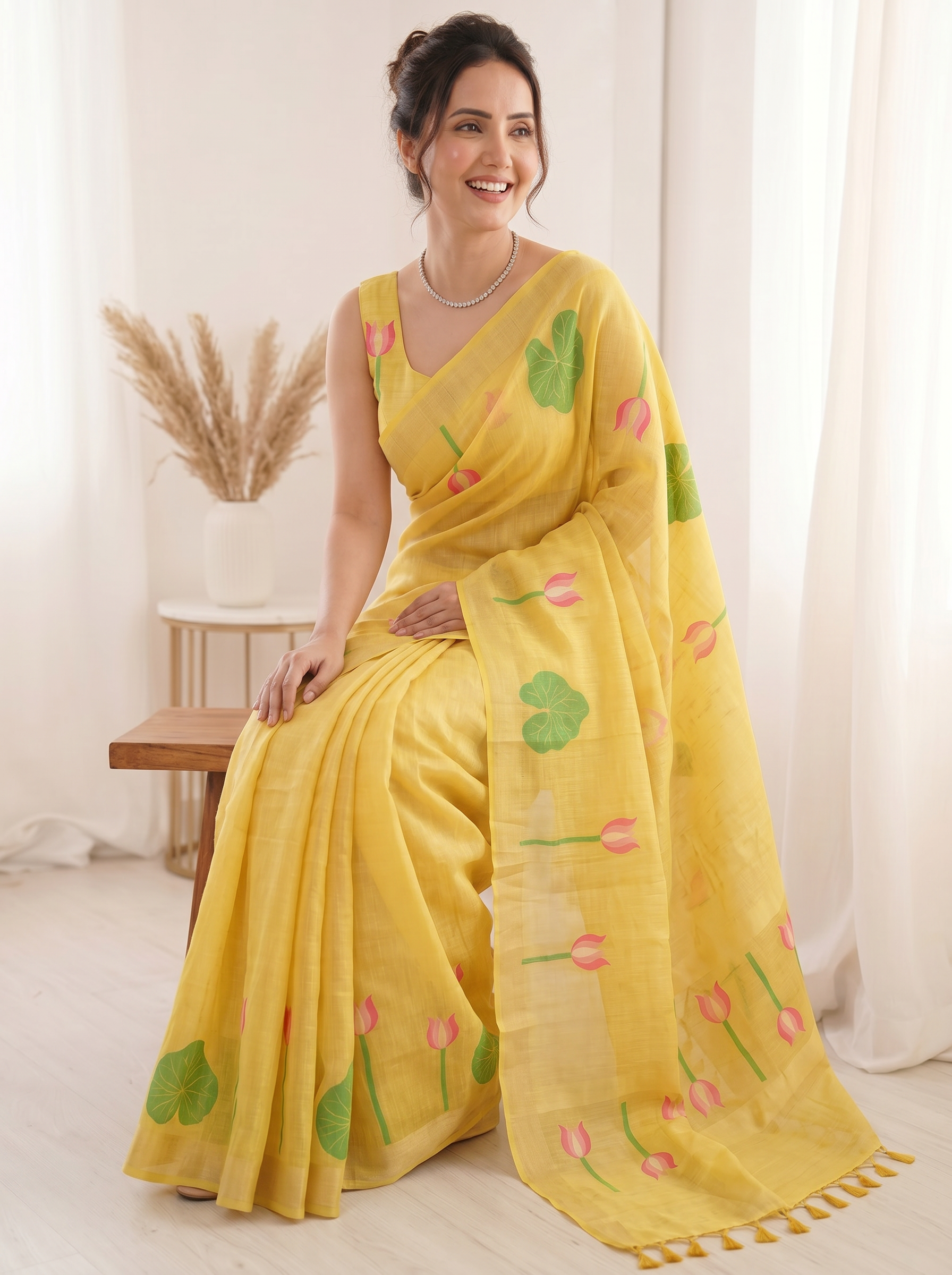 Yellow Premium Soft Linen Cotton Saree with Meenakari Lotus Pallu