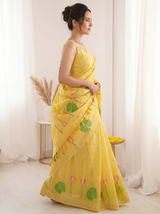 Yellow Premium Soft Linen Cotton Saree with Meenakari Lotus Pallu