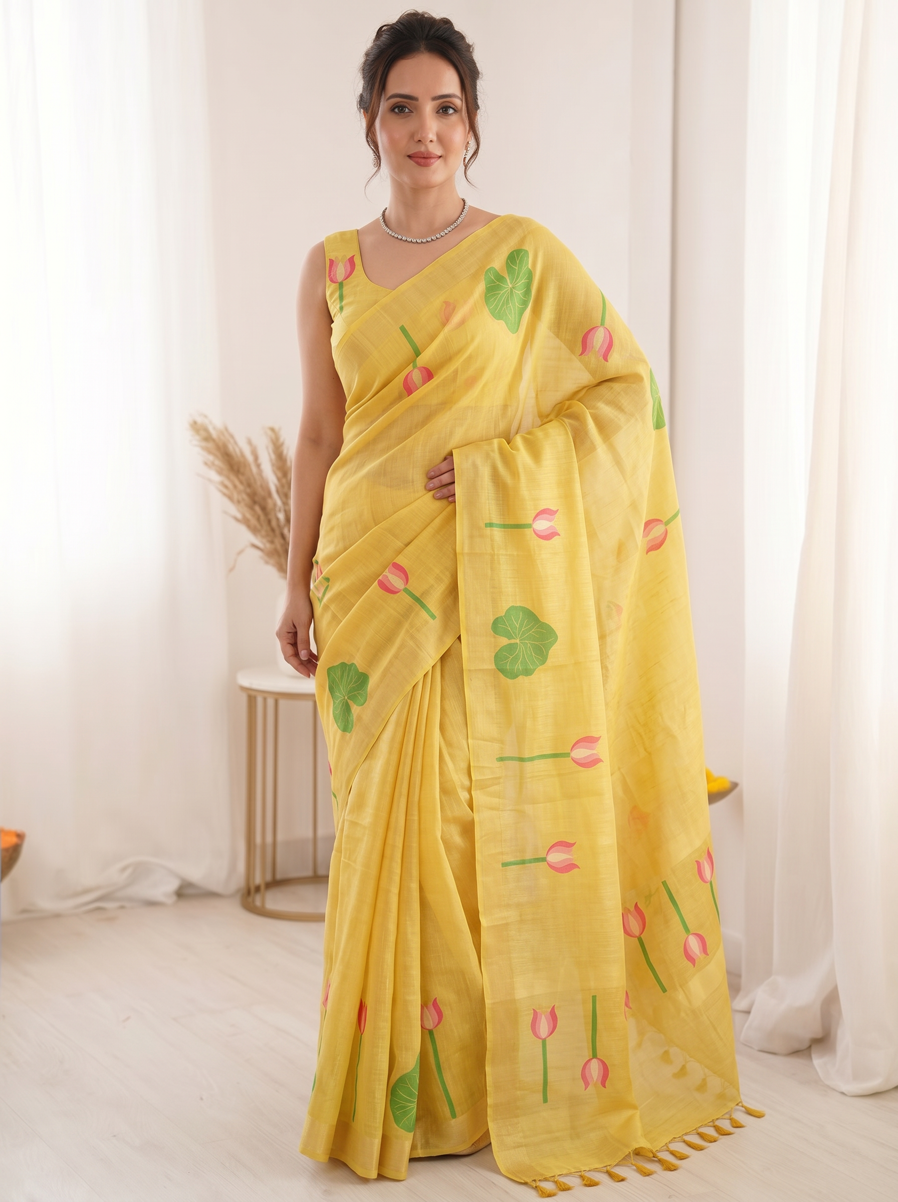 Yellow Premium Soft Linen Cotton Saree with Meenakari Lotus Pallu