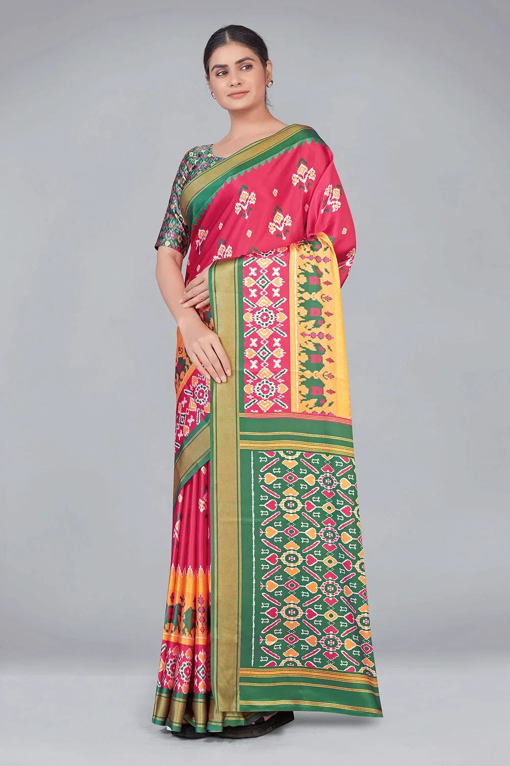 Pink & Green Patola With Digital Printed Saree