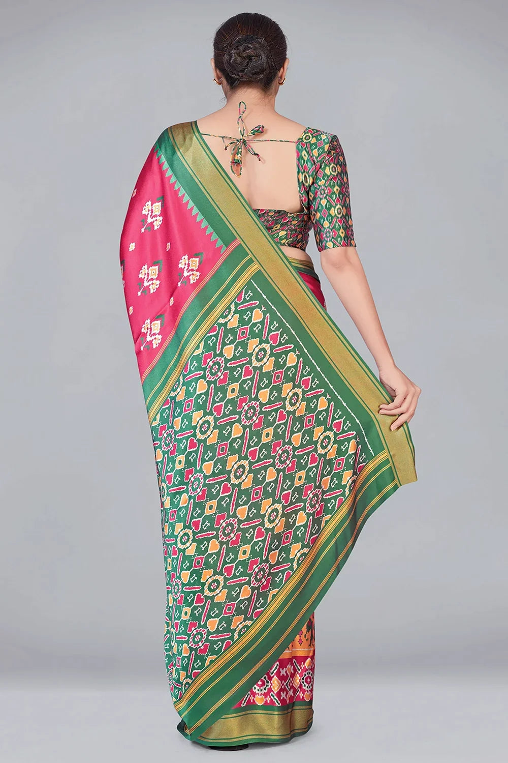 Pink & Green Patola With Digital Printed Saree