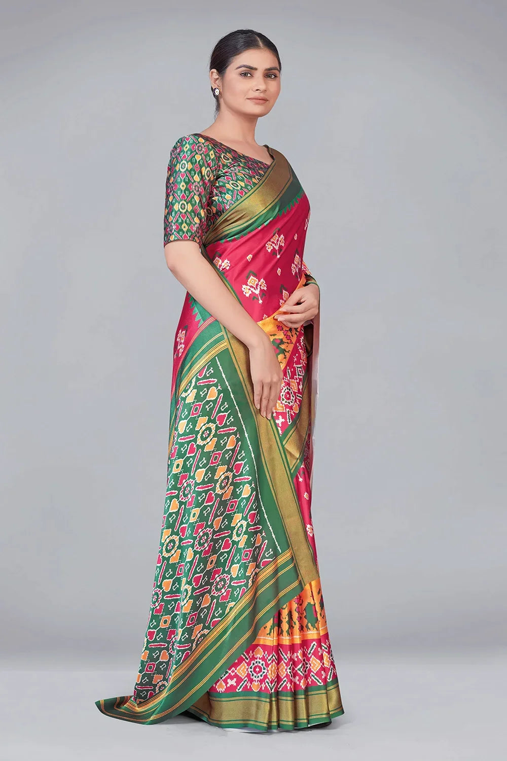 Pink & Green Patola With Digital Printed Saree