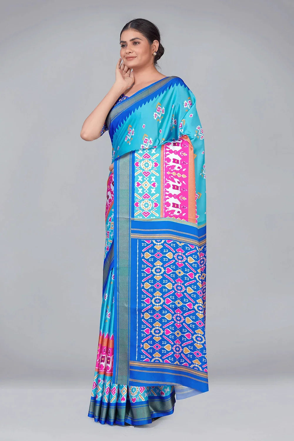 Sky Blue Patola With Digital Printed Saree
