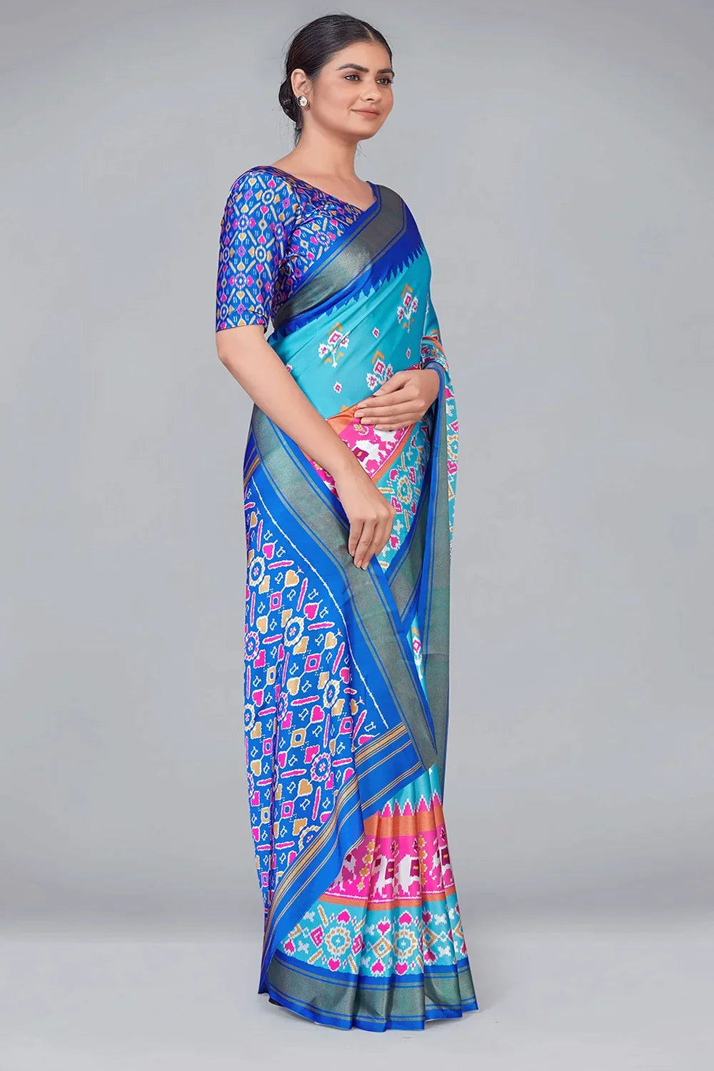 Sky Blue Patola With Digital Printed Saree
