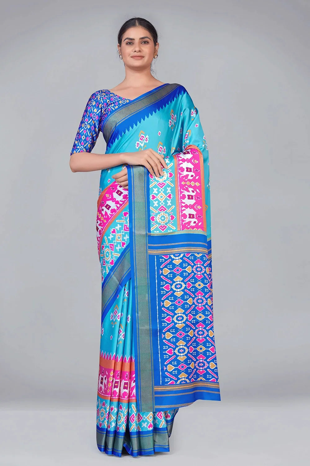 Sky Blue Patola With Digital Printed Saree