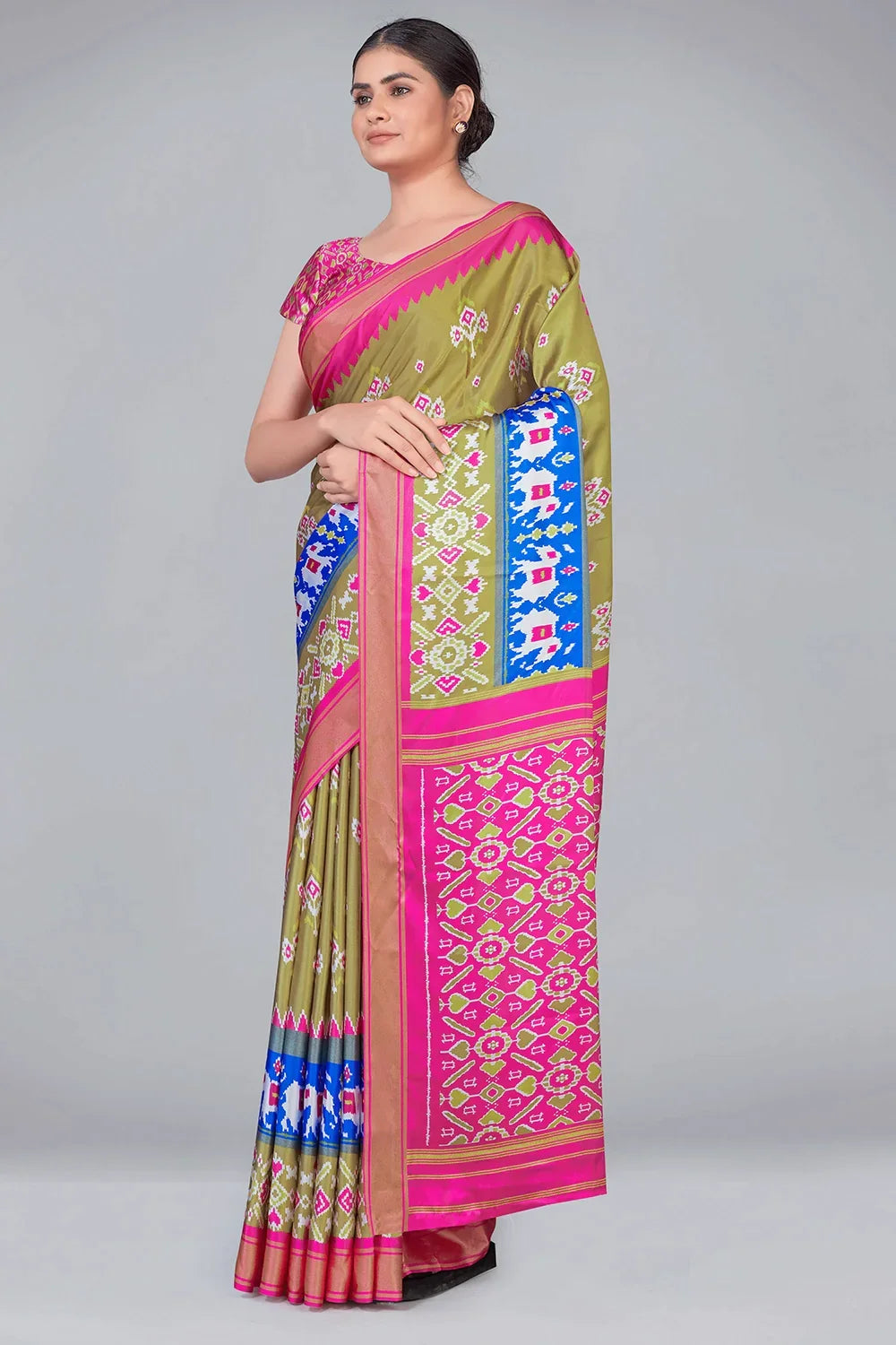 Mehndi Green Patola With Digital Printed Saree