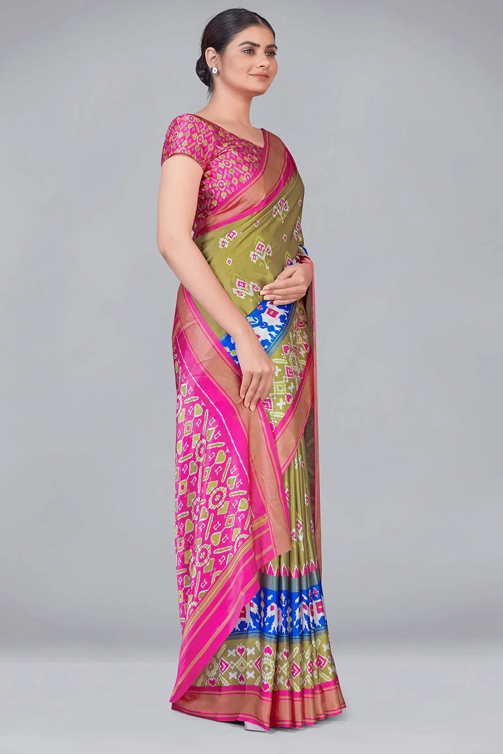 Mehndi Green Patola With Digital Printed Saree
