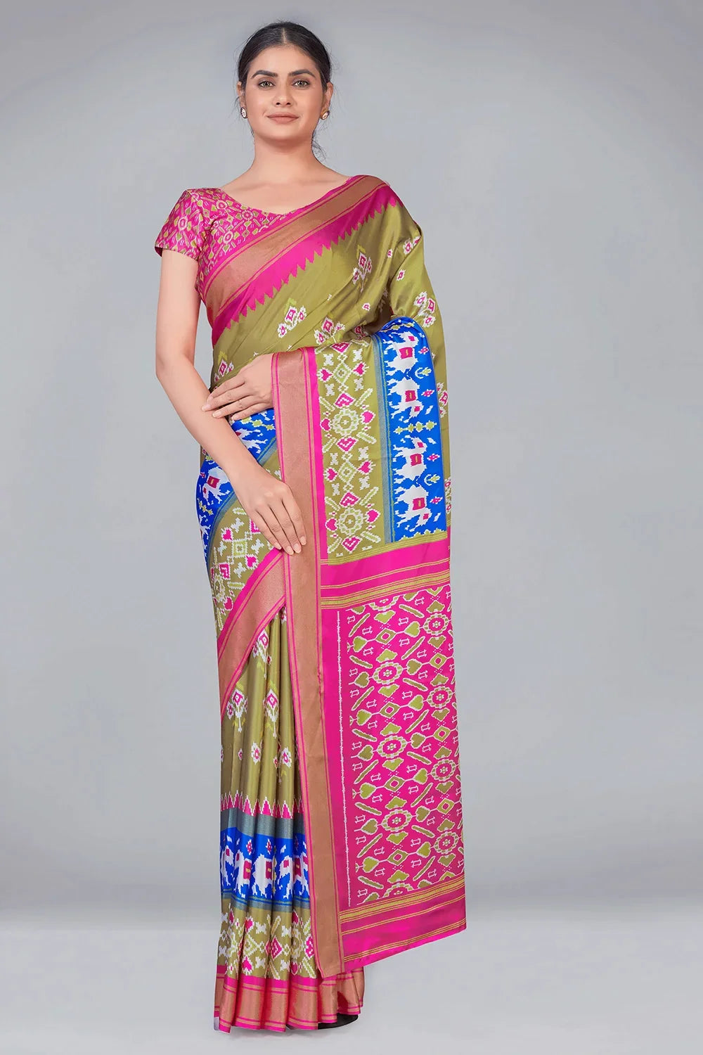 Mehndi Green Patola With Digital Printed Saree