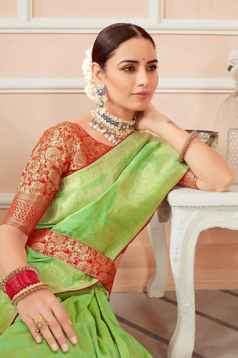 Green Banarasi Silk Saree With Zari Weaving Work