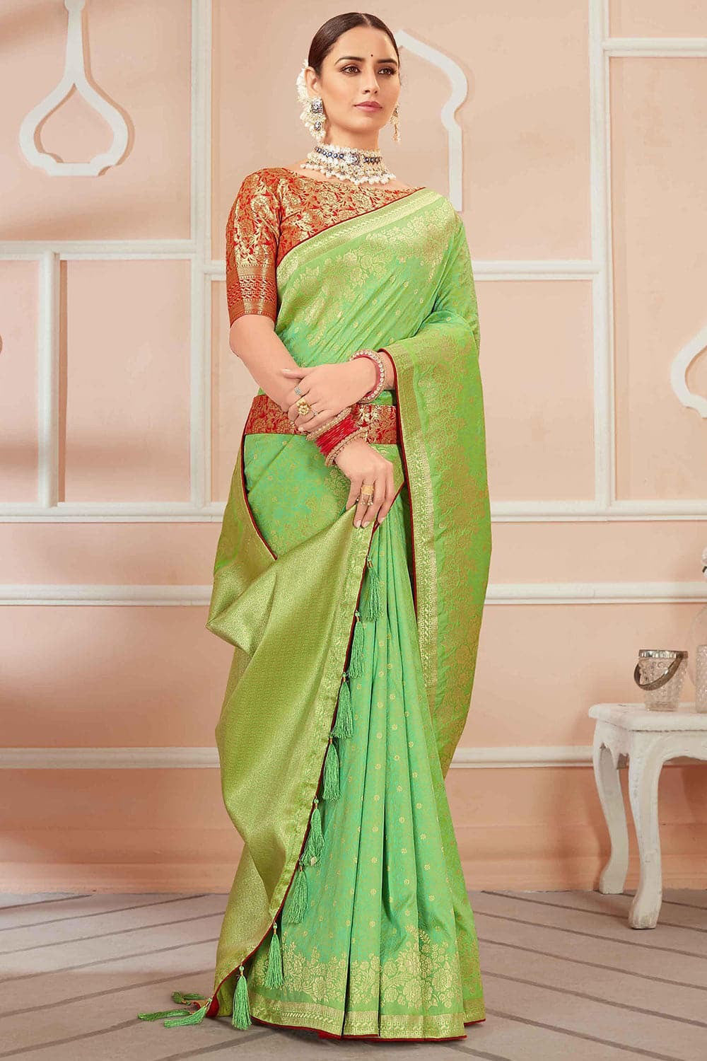Green Banarasi Silk Saree With Zari Weaving Work