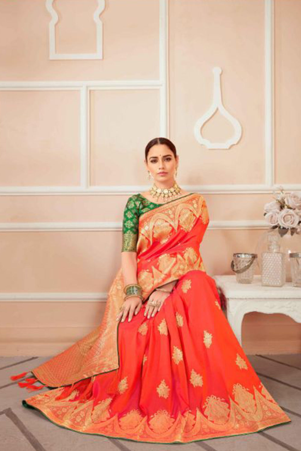 Light Orange Banarasi Silk Saree With Zari Weaving Work