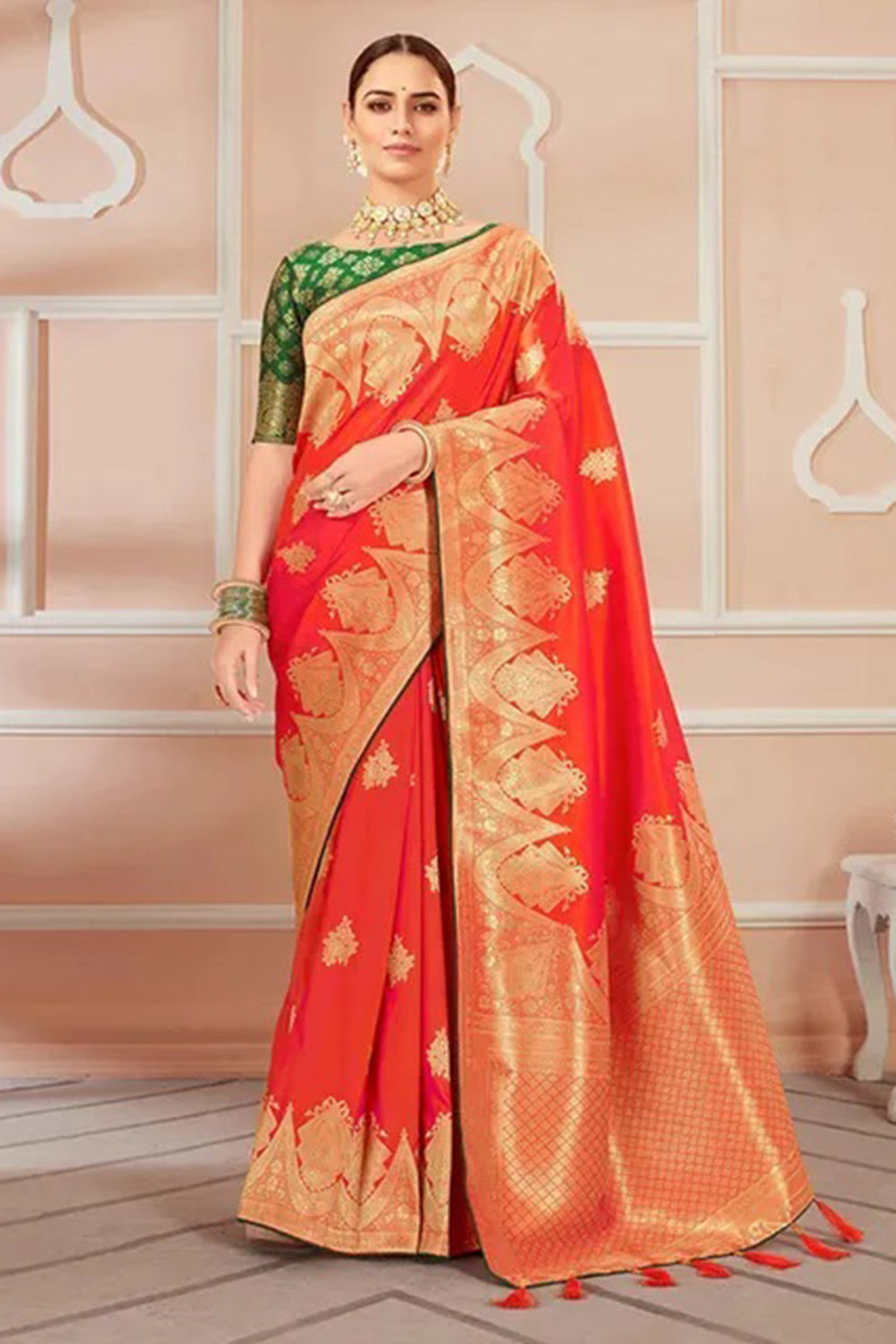 Light Orange Banarasi Silk Saree With Zari Weaving Work